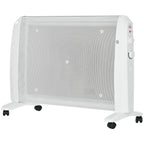 Radiador de mica blanco de 2000 W con ruedas sobre fondo blanco