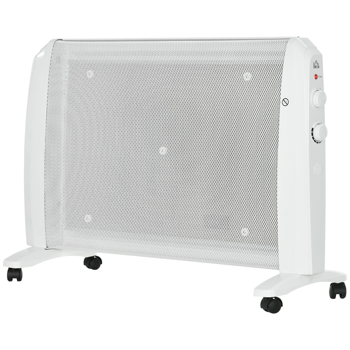 Radiador de mica blanco de 2000 W con ruedas sobre fondo blanco