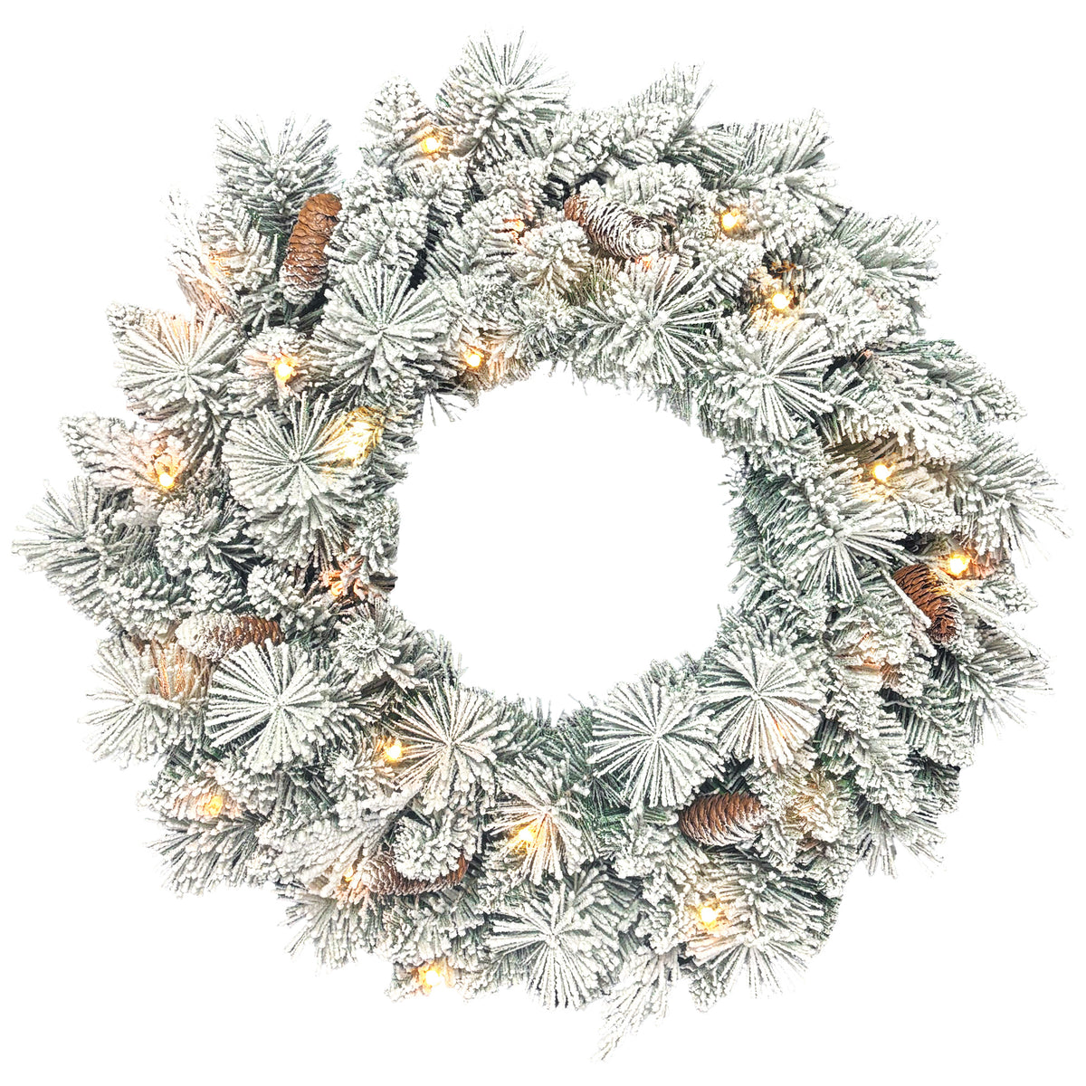 Corona de Navidad nevada de 60 cm con 35 luces LED y piñas, vista frontal sobre fondo blanco