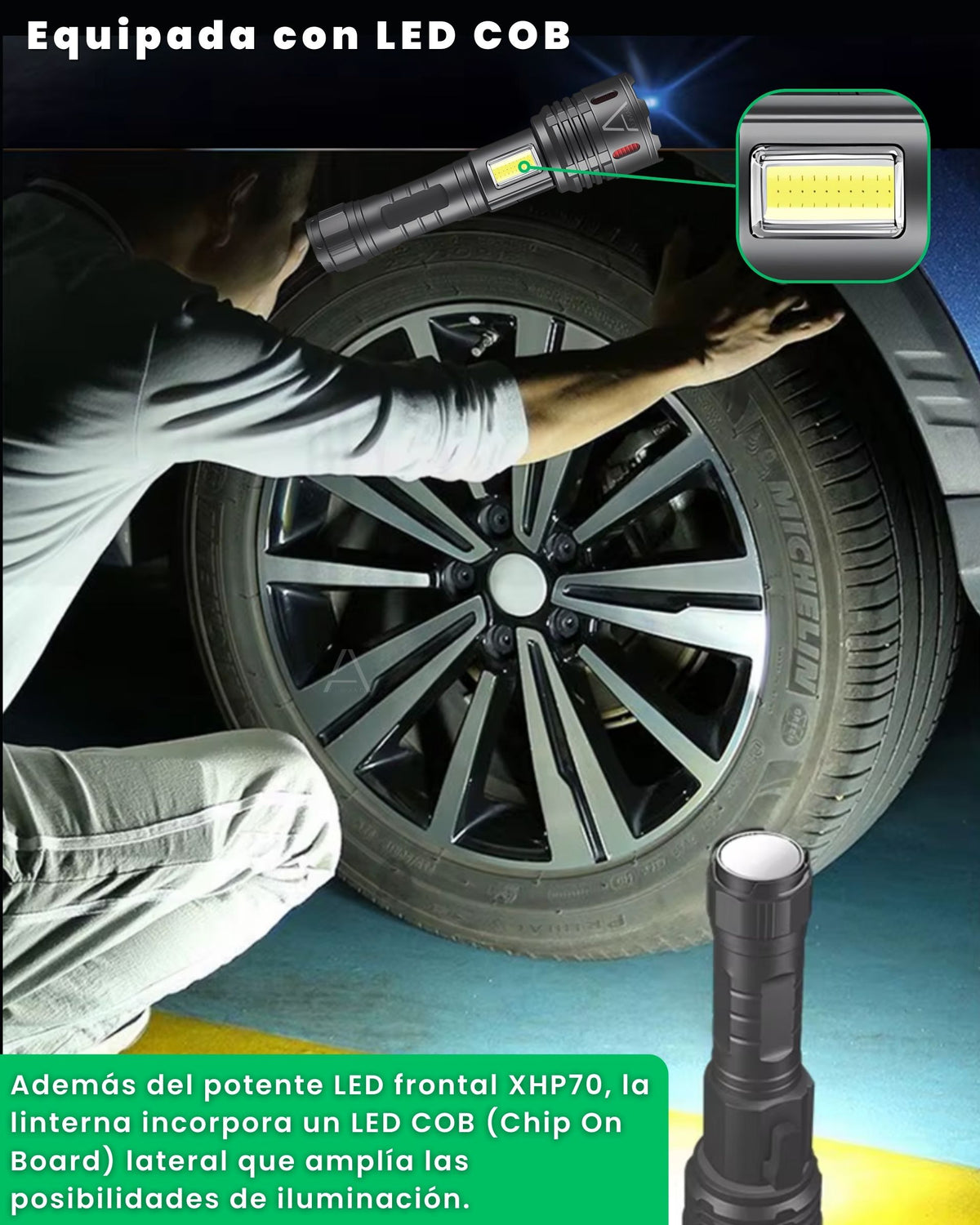 LED COB lateral de la linterna ALUMAR iluminando el bajo de un coche durante una reparación