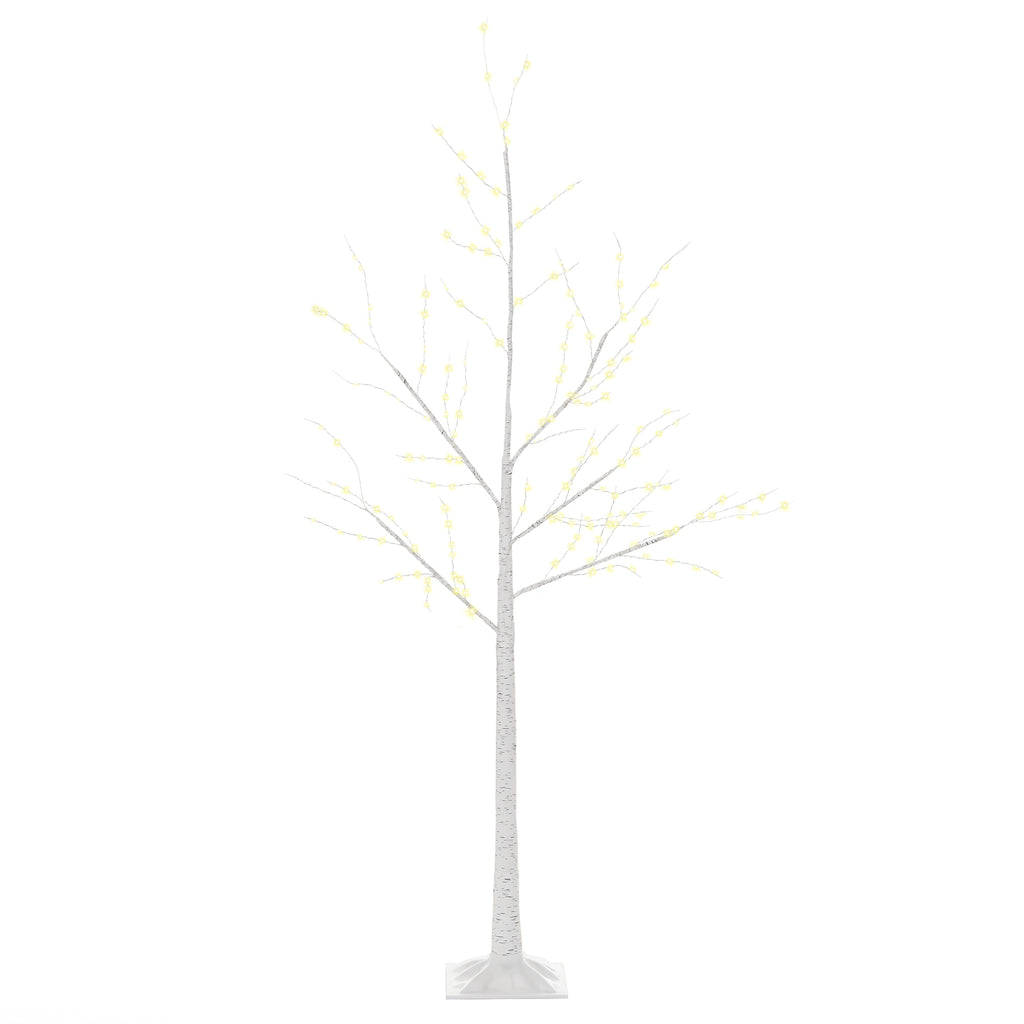 Árbol de abedul artificial blanco de 150 cm con 210 luces LED sobre fondo blanco