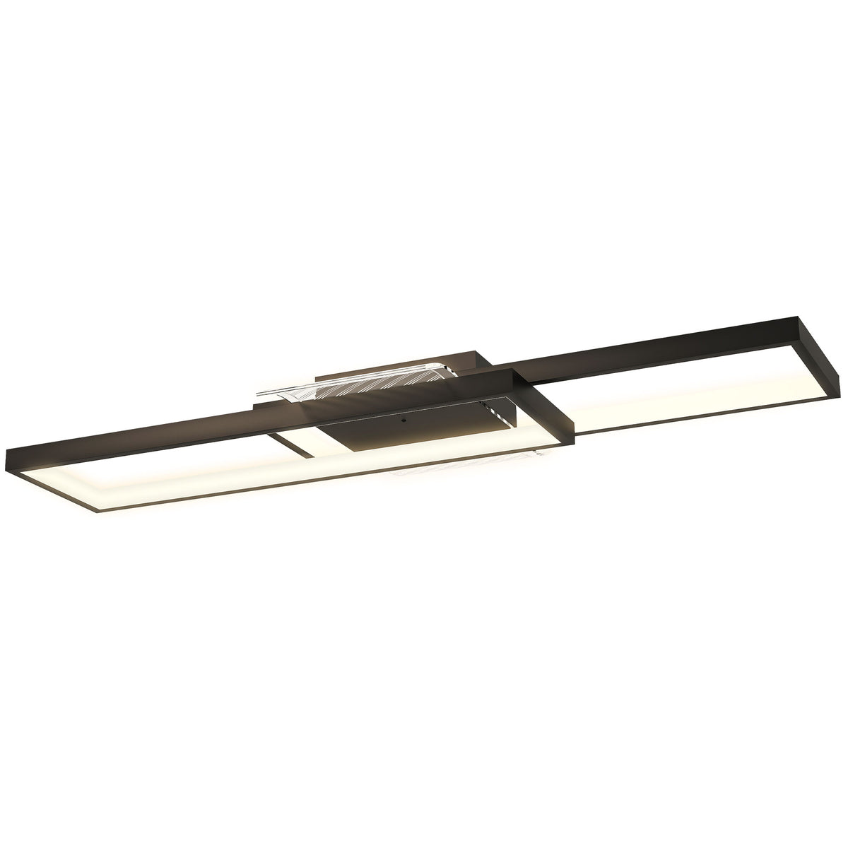 Lámpara de techo LED rectangular negra, vista en perspectiva sobre fondo blanco