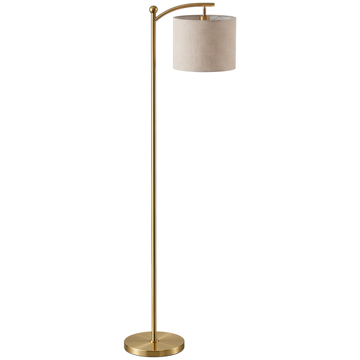 Lámpara de pie LED dorada con pantalla de tela crema sobre fondo blanco