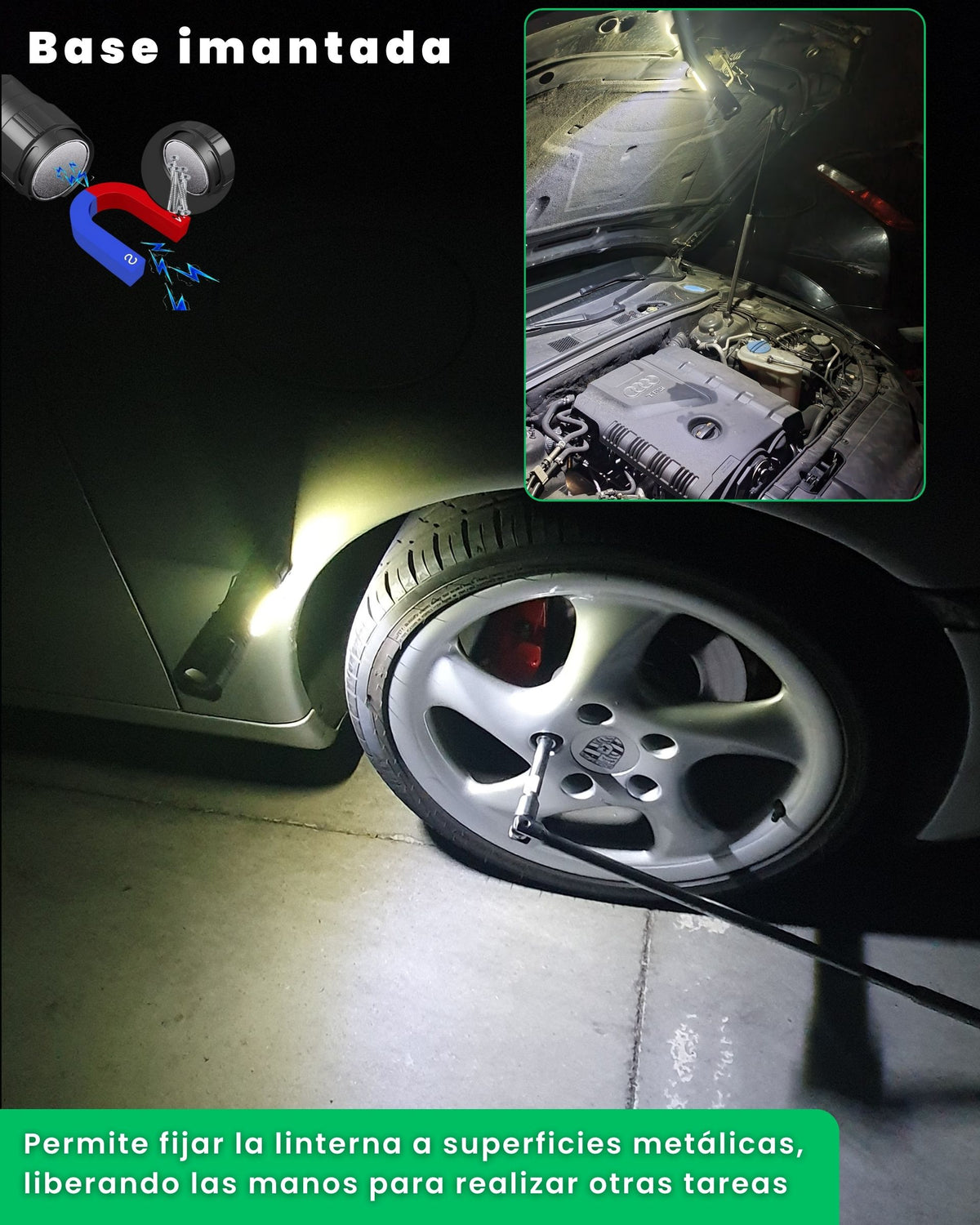 Base imantada de la linterna ALUMAR fijada al motor de un coche para trabajar con las manos libres