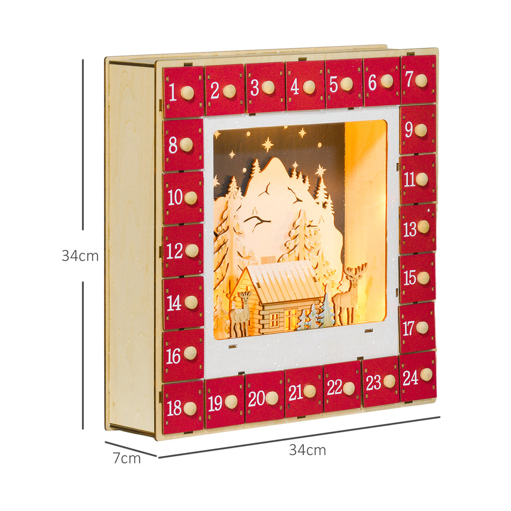 Medidas del calendario de Adviento: 34 cm de ancho, 34 cm de alto y 7 cm de fondo