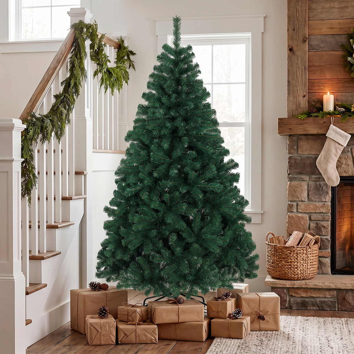 Abeto de Navidad artificial junto a una escalera con una guirnalda y regalos