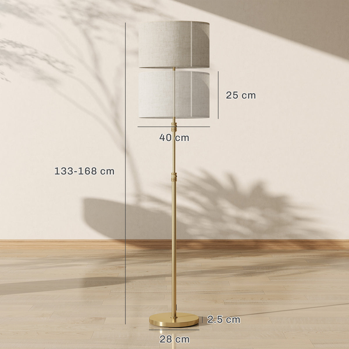 Medidas de la lámpara de pie: altura regulable de 133 a 168 cm, pantalla de 40 por 25 cm y base de 28 cm
