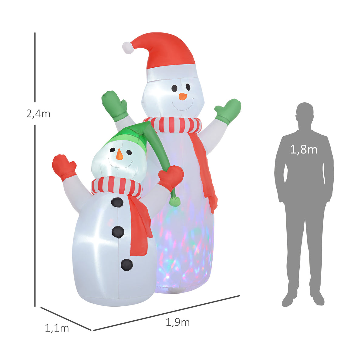 Medidas de los muñecos de nieve hinchables: 2,4 m de alto, 1,9 m de ancho y 1,1 m de fondo, junto a una silueta humana
