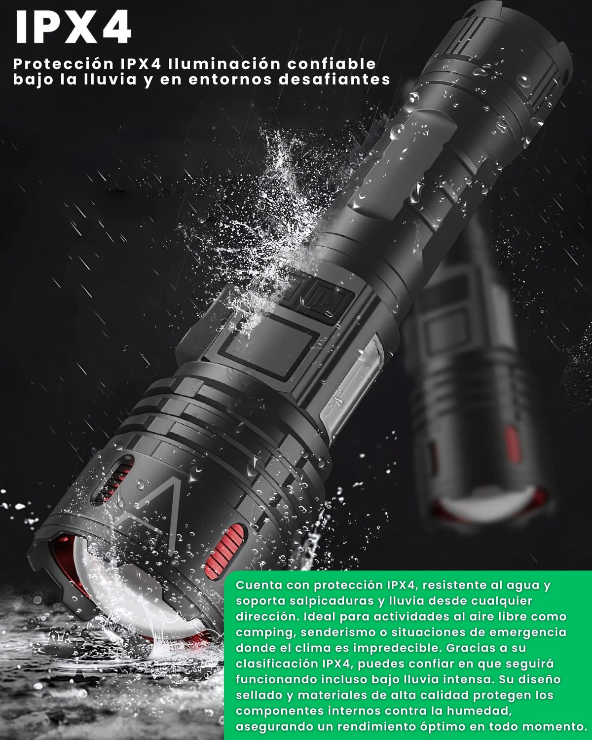 Linterna LED XHP-70 ALUMAR con protección IPX4 resistente a salpicaduras y lluvia