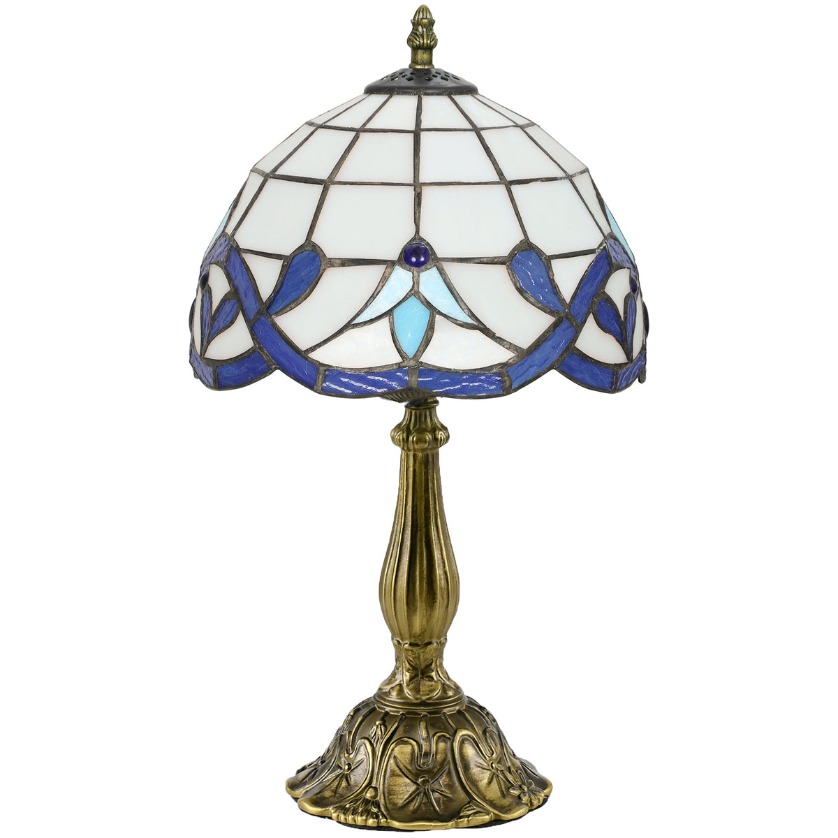 Lámpara de mesa Tiffany de vidrio azul y blanco sobre fondo blanco