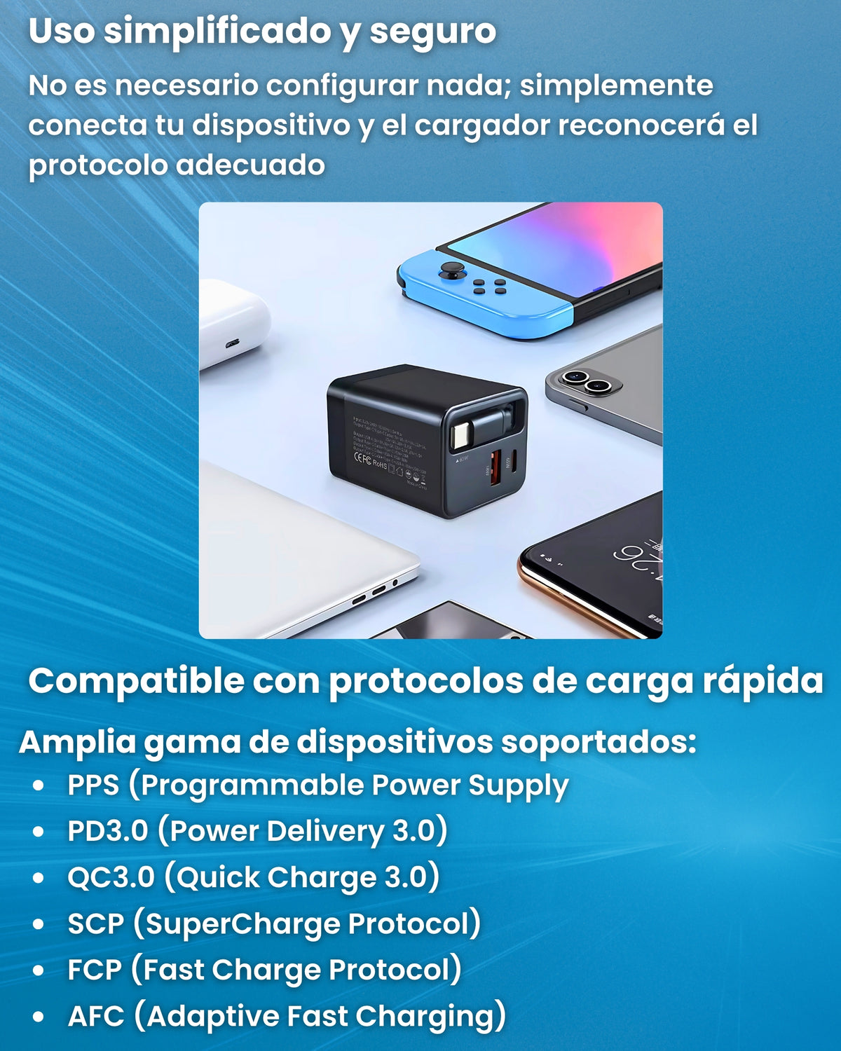 Protocolos de carga rápida compatibles con el cargador XCharger: PD, QC, PPS, SCP, FCP y AFC