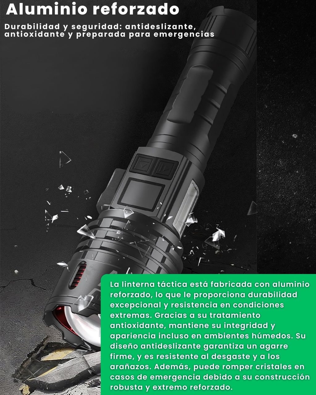 Cuerpo de aluminio reforzado de la linterna táctica ALUMAR, resistente a golpes y arañazos