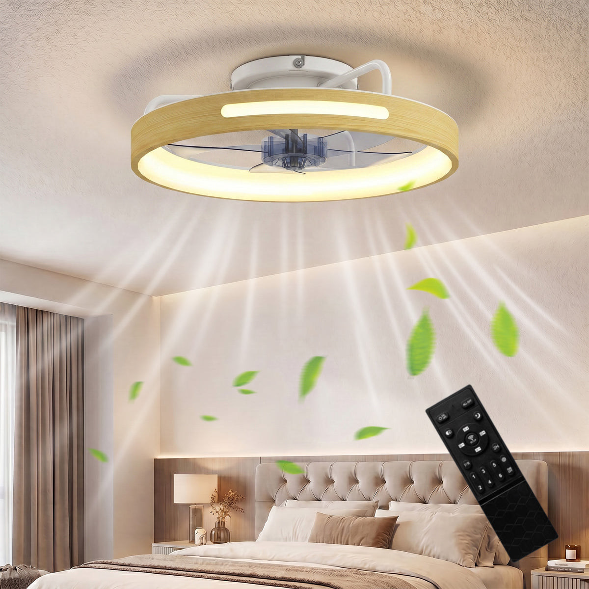 Ventilador de techo con luz en un dormitorio