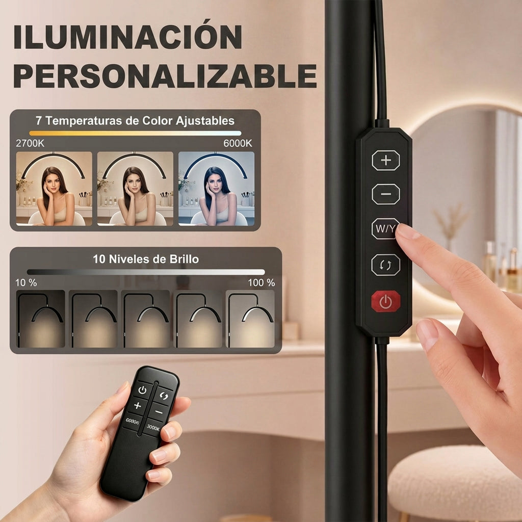 Lámpara de pie LED negra con cabeza en media luna, vista 5