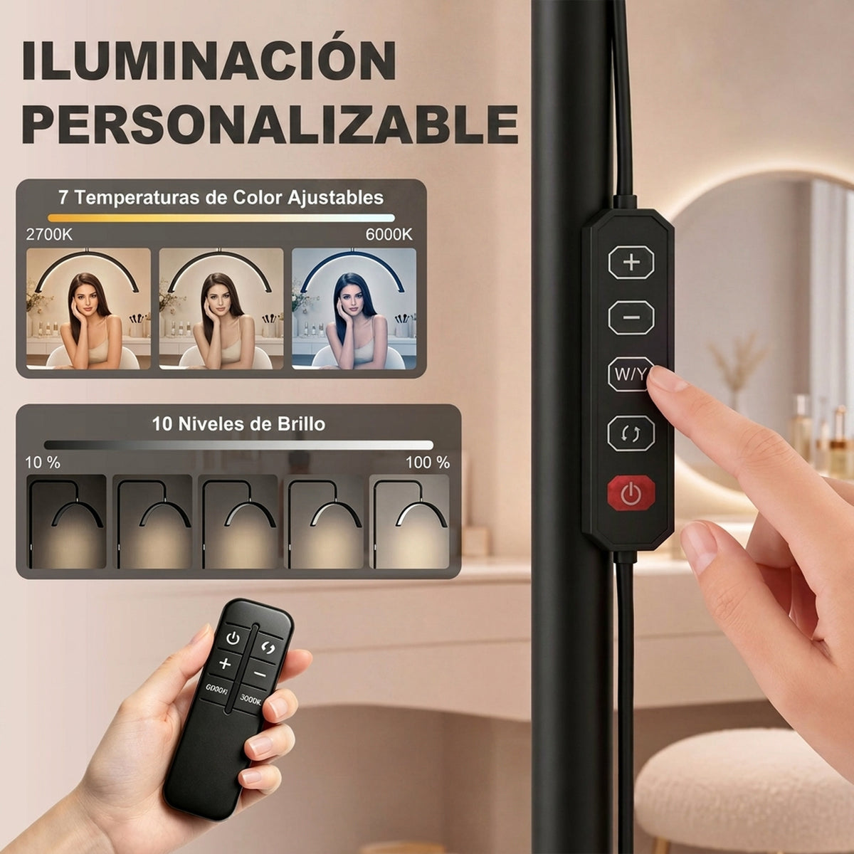 Lámpara de pie LED negra con cabeza en media luna, vista 5