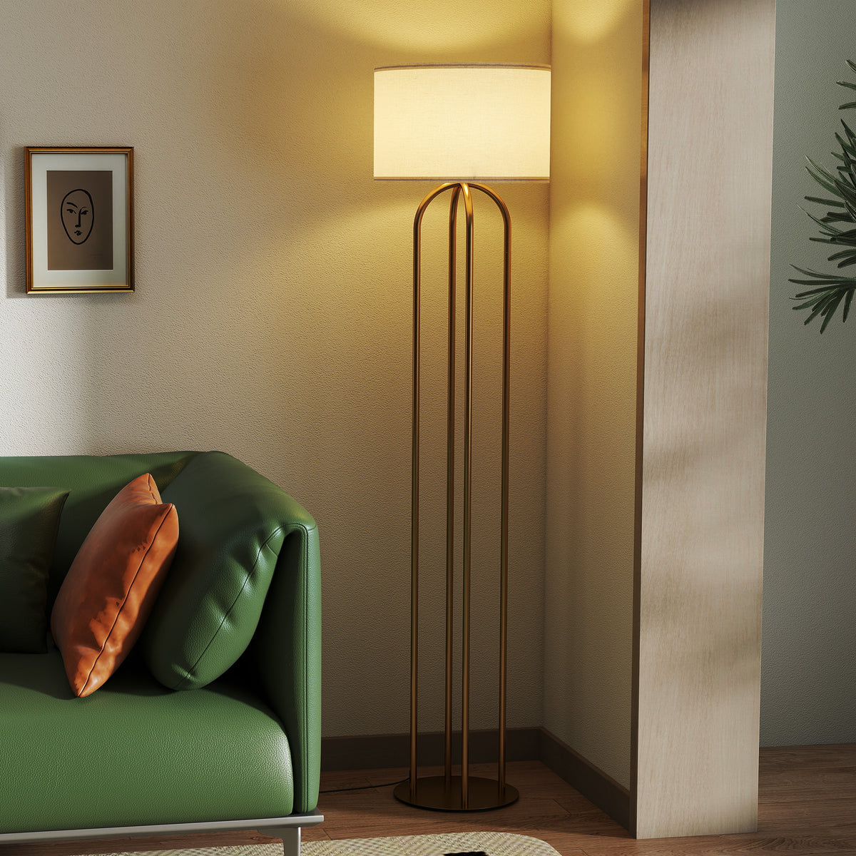 Lámpara de pie dorada de cuatro columnas con pantalla de lino beige, vista 4