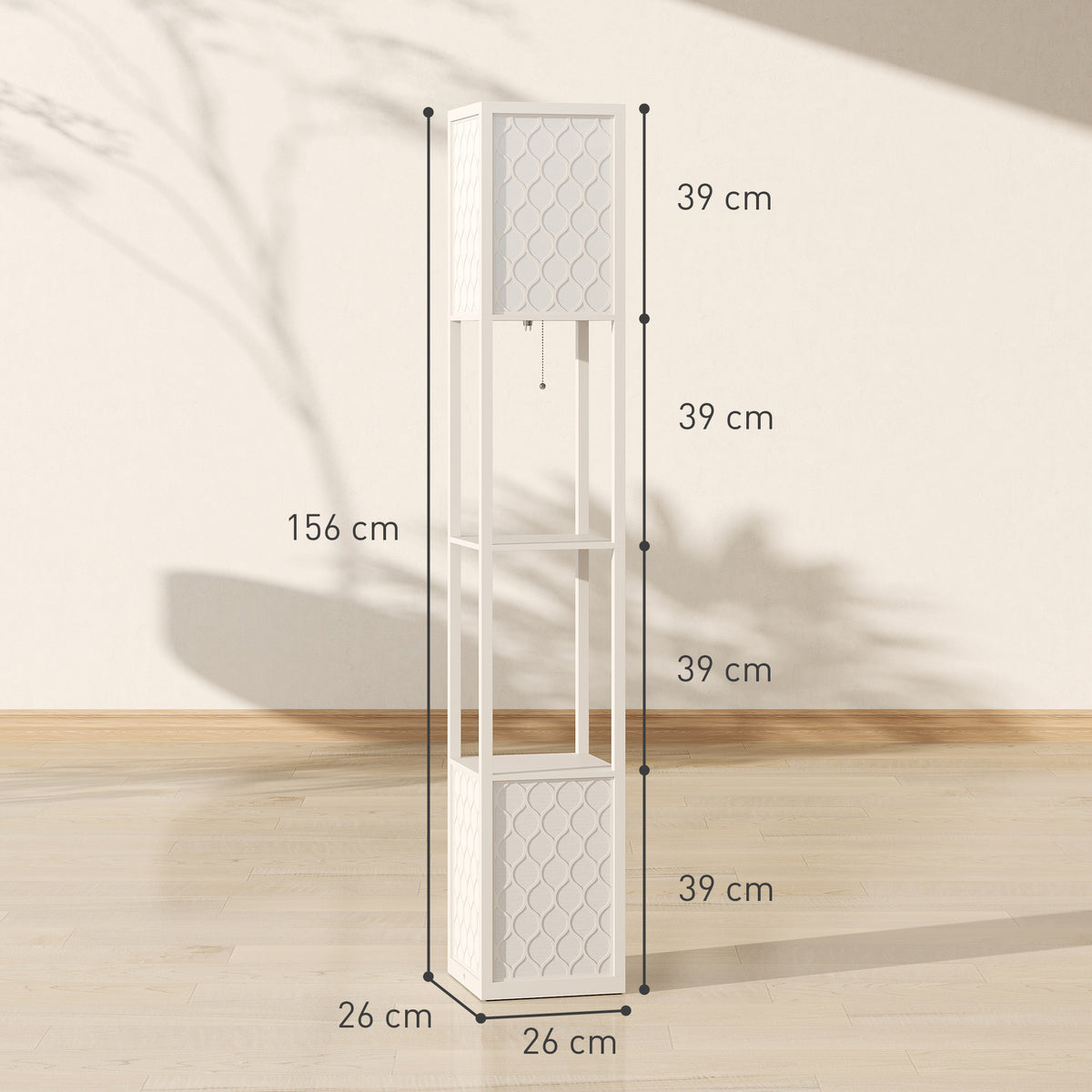 Medidas de la lámpara de pie gris: 156 cm de alto, pantallas de 35 cm y estantes de 39 cm