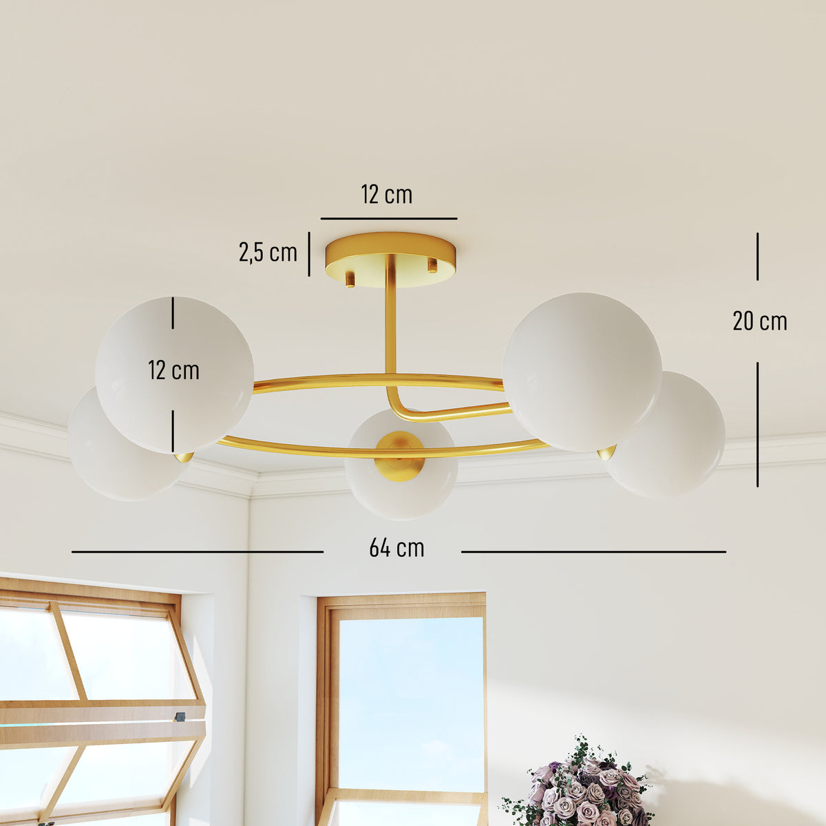 Medidas de la lámpara de techo: 64 cm de ancho, 20 cm de alto y pantallas de 12 cm