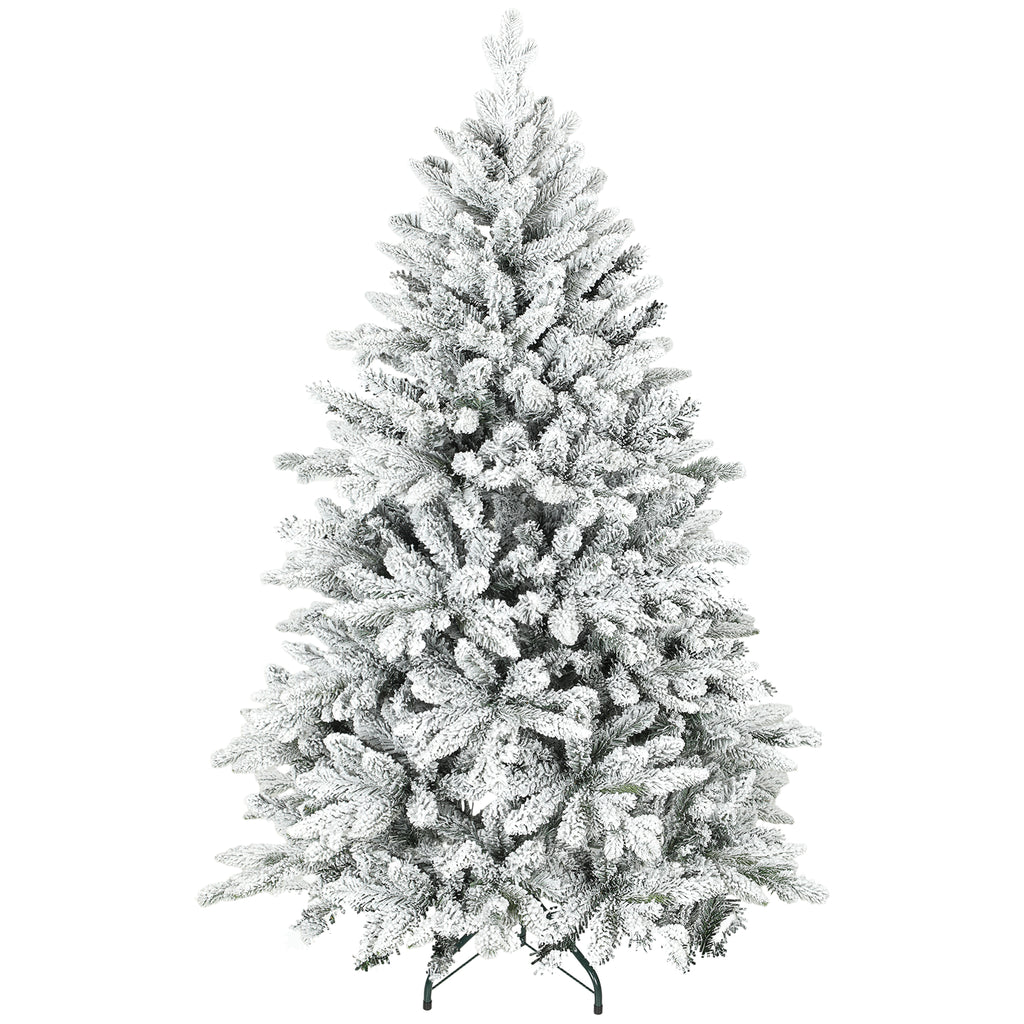 Árbol de Navidad nevado con base de metal, vista frontal