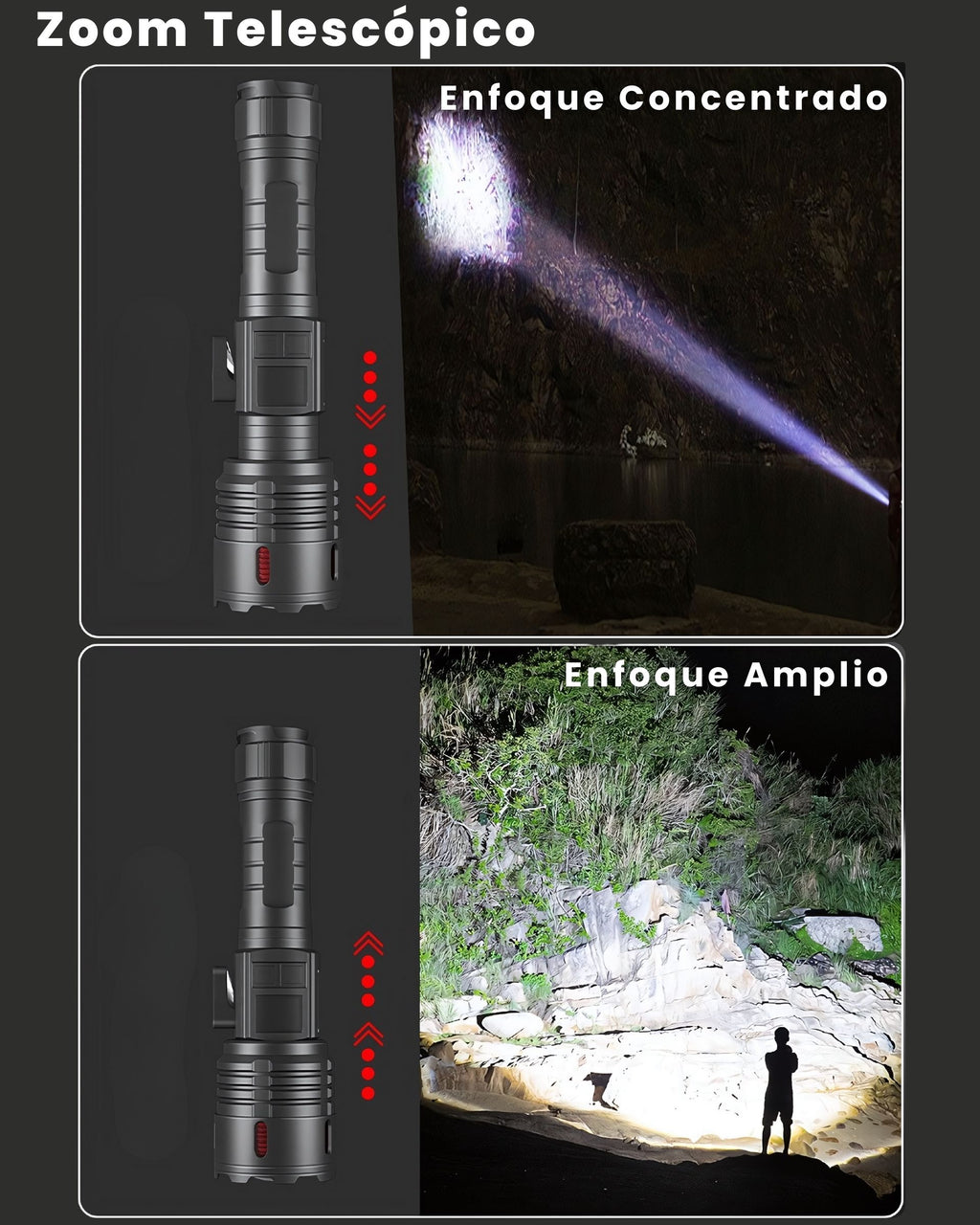 Zoom telescópico de la linterna ALUMAR: enfoque concentrado y enfoque amplio