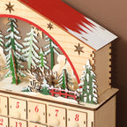 Detalle de la escena de bosque con renos, árboles y tren sobre los cajones del calendario de Adviento