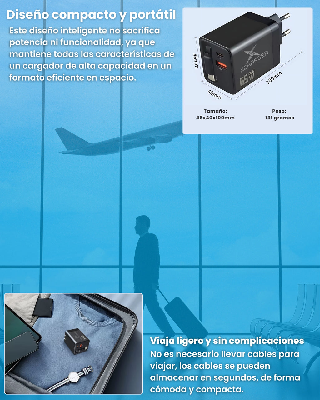 Diseño compacto y portátil del cargador XCharger 65W, con sus medidas y peso