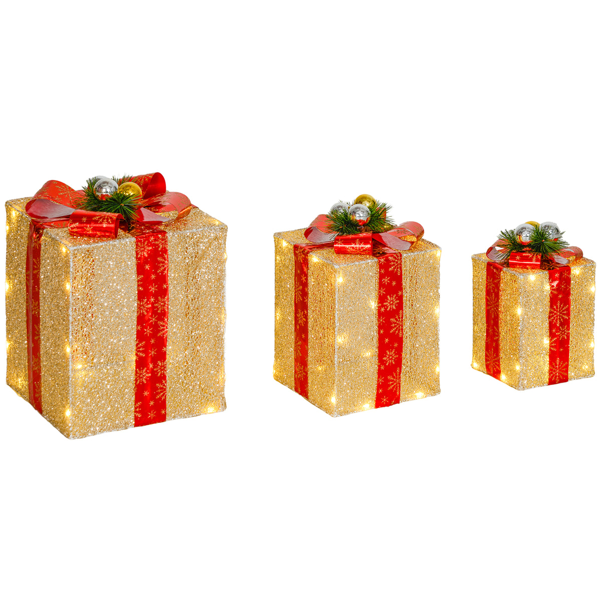 Set de 3 cajas de regalo doradas con lazo rojo y luces LED, de tres tamaños, sobre fondo blanco