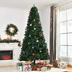 Abeto de Navidad artificial de 240 cm decorado con bolas junto a una chimenea y una ventana