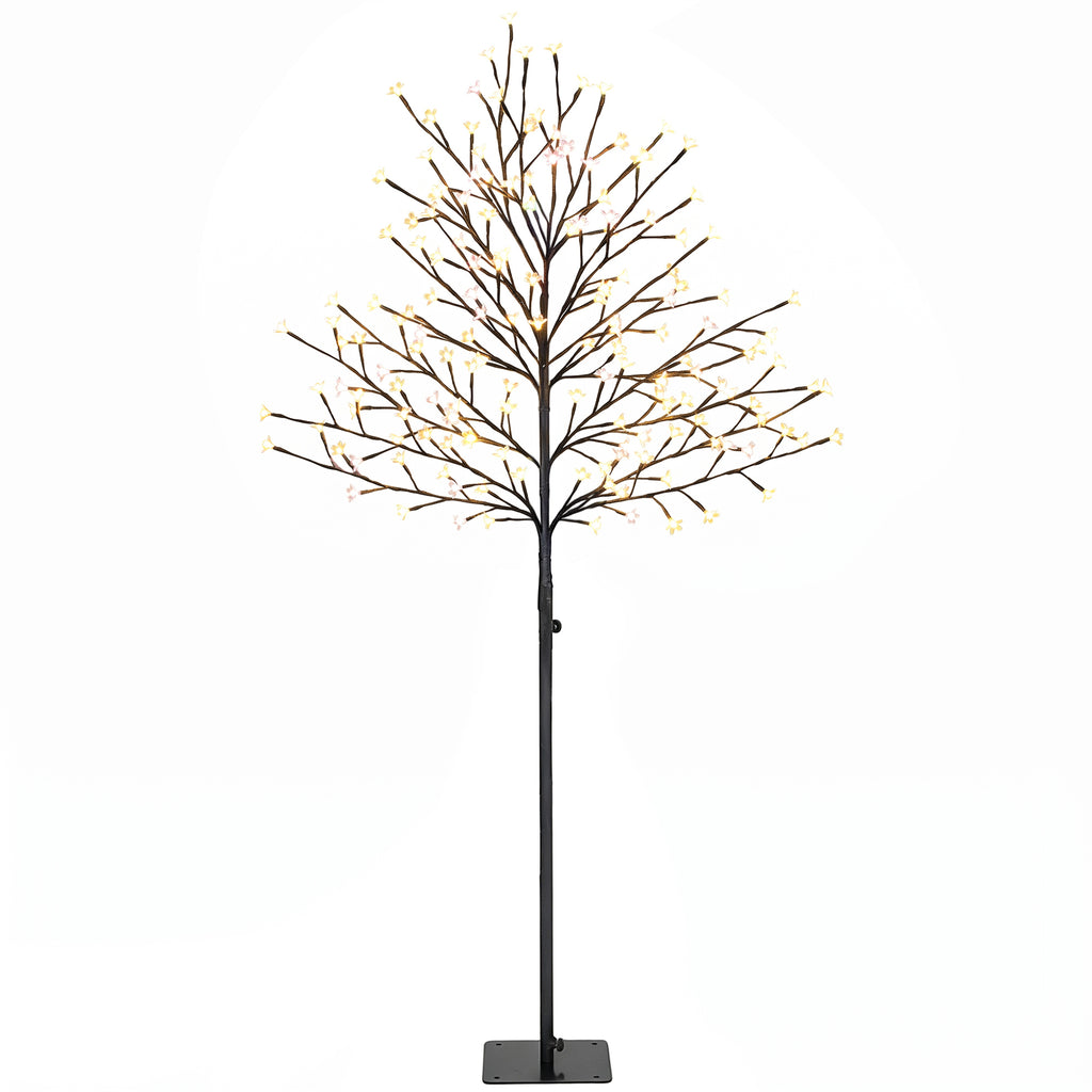 Árbol de cerezo luminoso negro de 150 cm con flores transparentes y luz blanca cálida, sobre fondo blanco