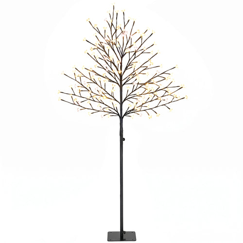 Árbol de cerezo luminoso negro de 150 cm con flores transparentes y luz blanca cálida, sobre fondo blanco