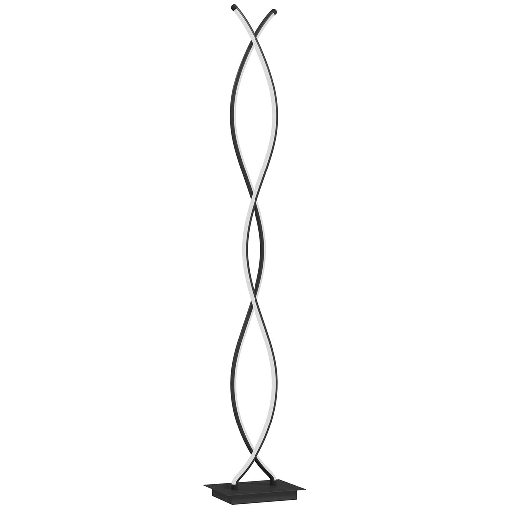 Lámpara de pie LED negra de doble espiral con base cuadrada, vista frontal sobre fondo blanco