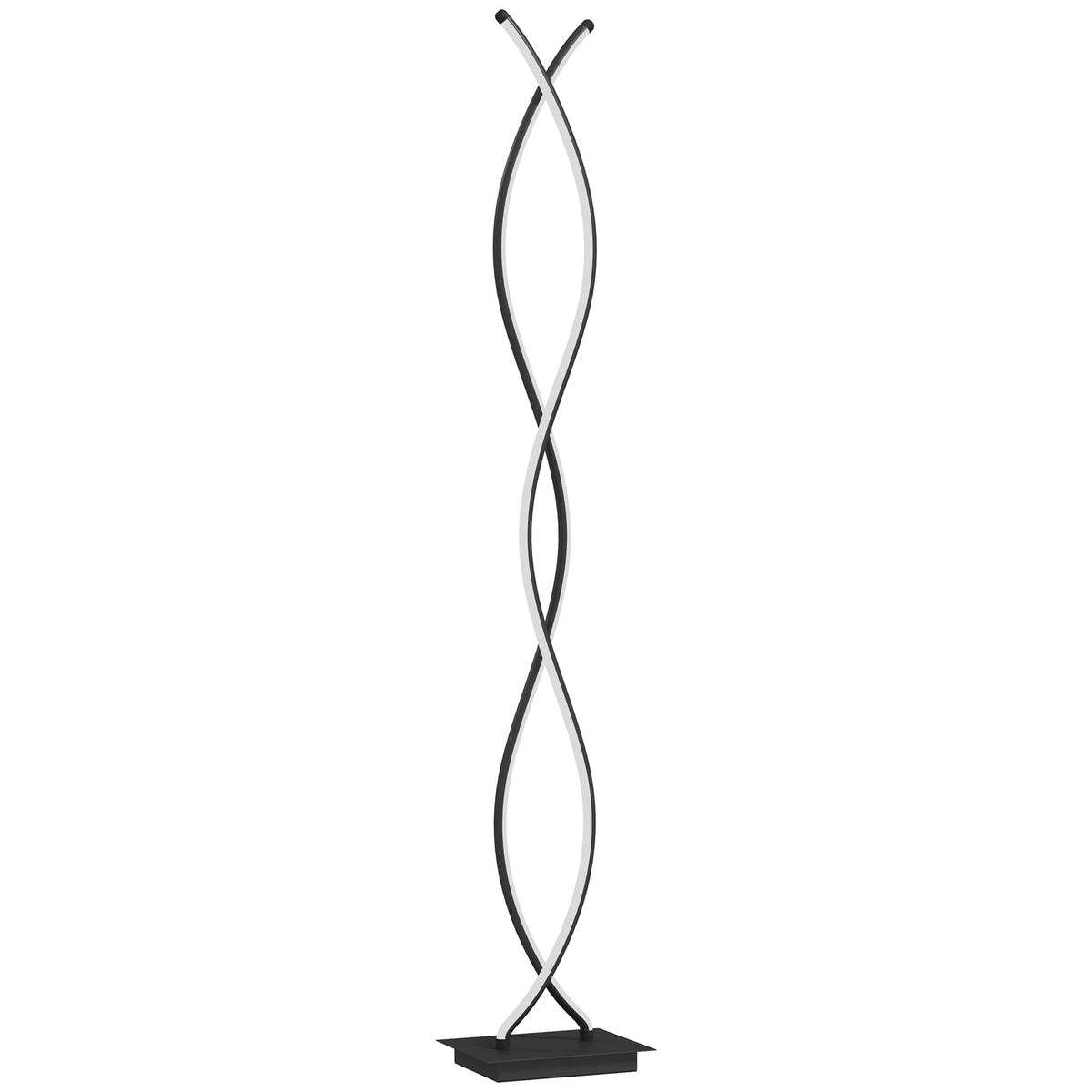 Lámpara de pie LED negra de doble espiral con base cuadrada, vista frontal sobre fondo blanco