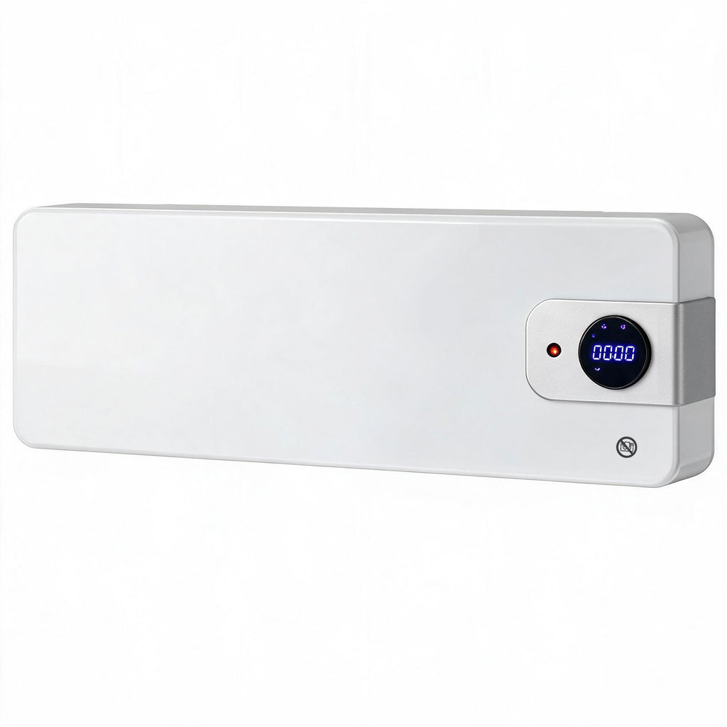 Calefactor eléctrico de pared blanco con WiFi sobre fondo blanco