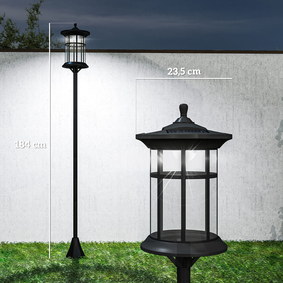 Medidas de la farola solar: 23,5 × 23,5 × 184 cm
