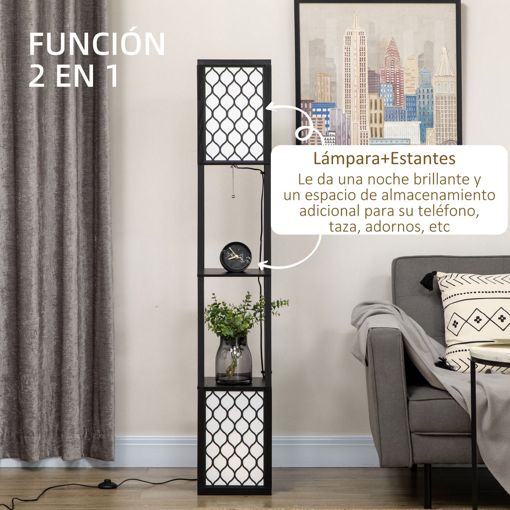 Lámpara de pie 2 en 1 con pantallas de panal y estantes para guardar objetos junto a un sofá