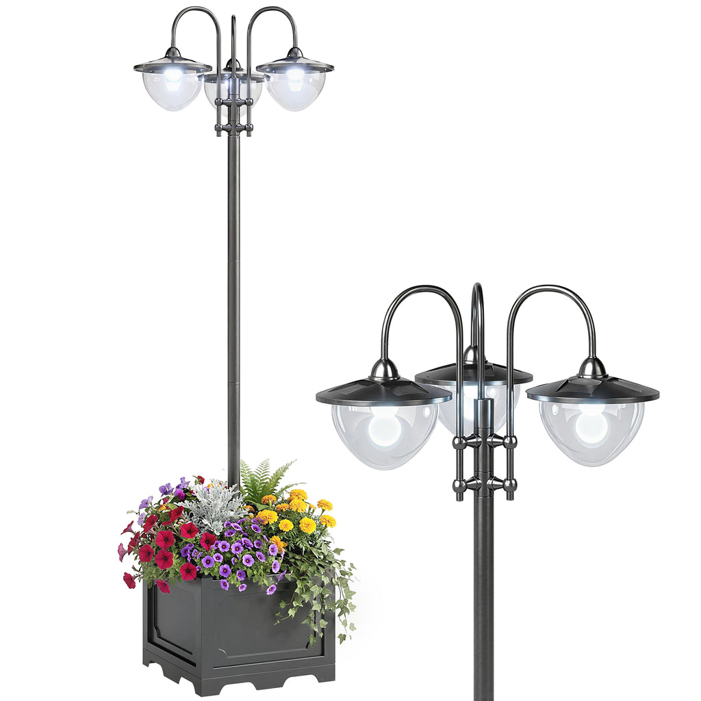 Farola solar de jardín con tres luces y base-maceta sobre fondo blanco