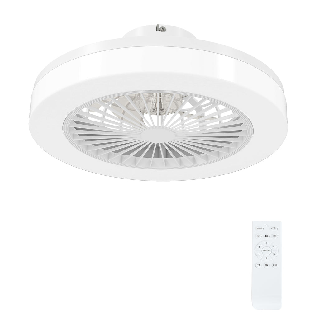 Ventilador de techo blanco con luz LED regulable y motor DC sobre fondo blanco