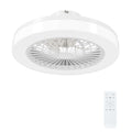 Ventilador de techo blanco con luz LED regulable y motor DC sobre fondo blanco