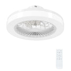 Ventilador de techo blanco con luz LED regulable y motor DC sobre fondo blanco
