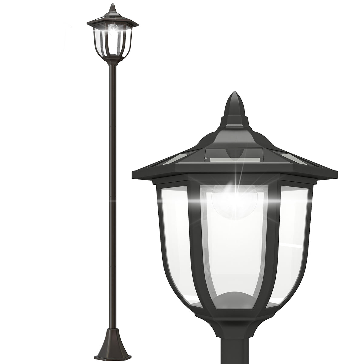 Farola solar de jardín negra con luz LED fría sobre fondo blanco
