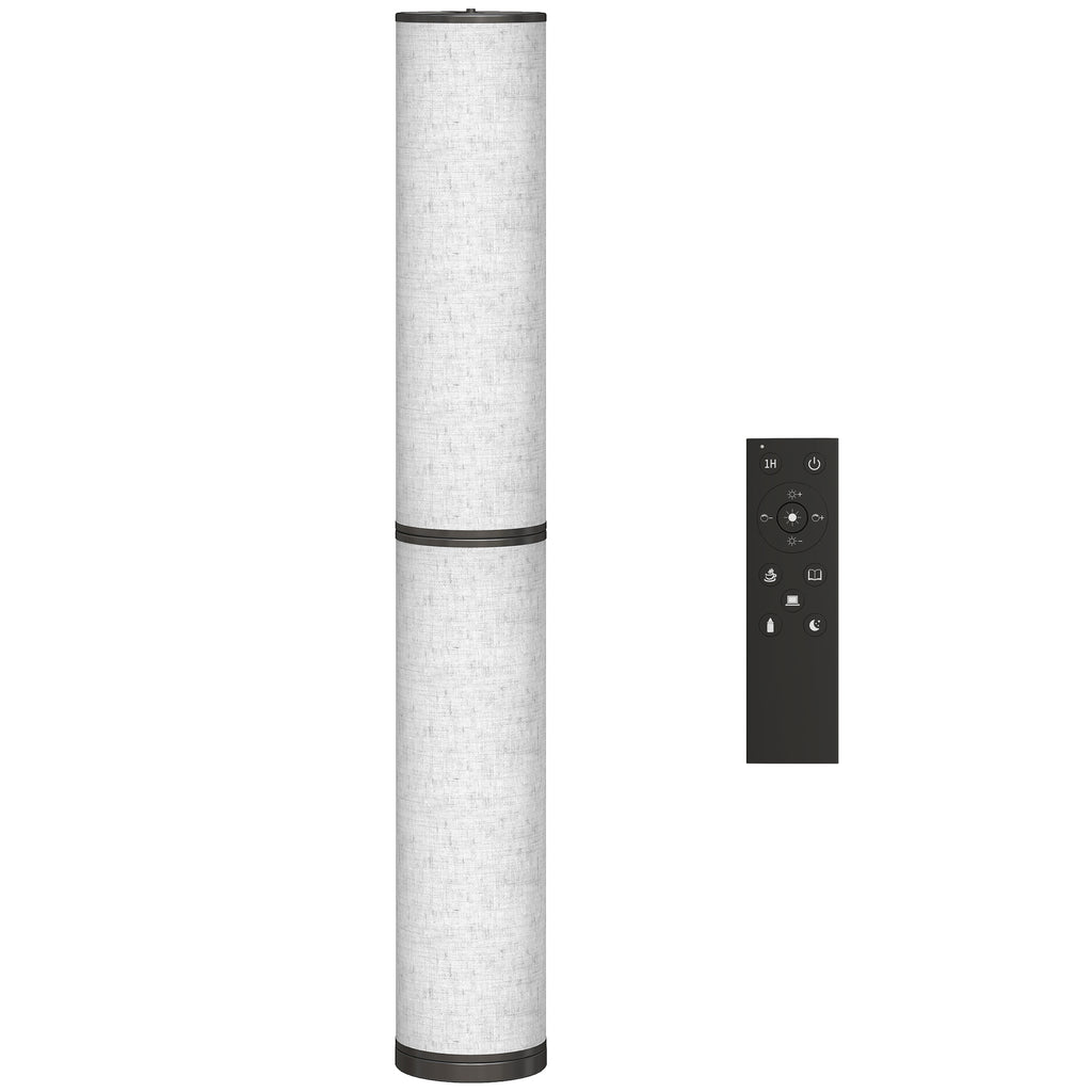 Lámpara de pie LED en columna beige con pantalla de lino y mando a distancia, vista frontal sobre fondo blanco