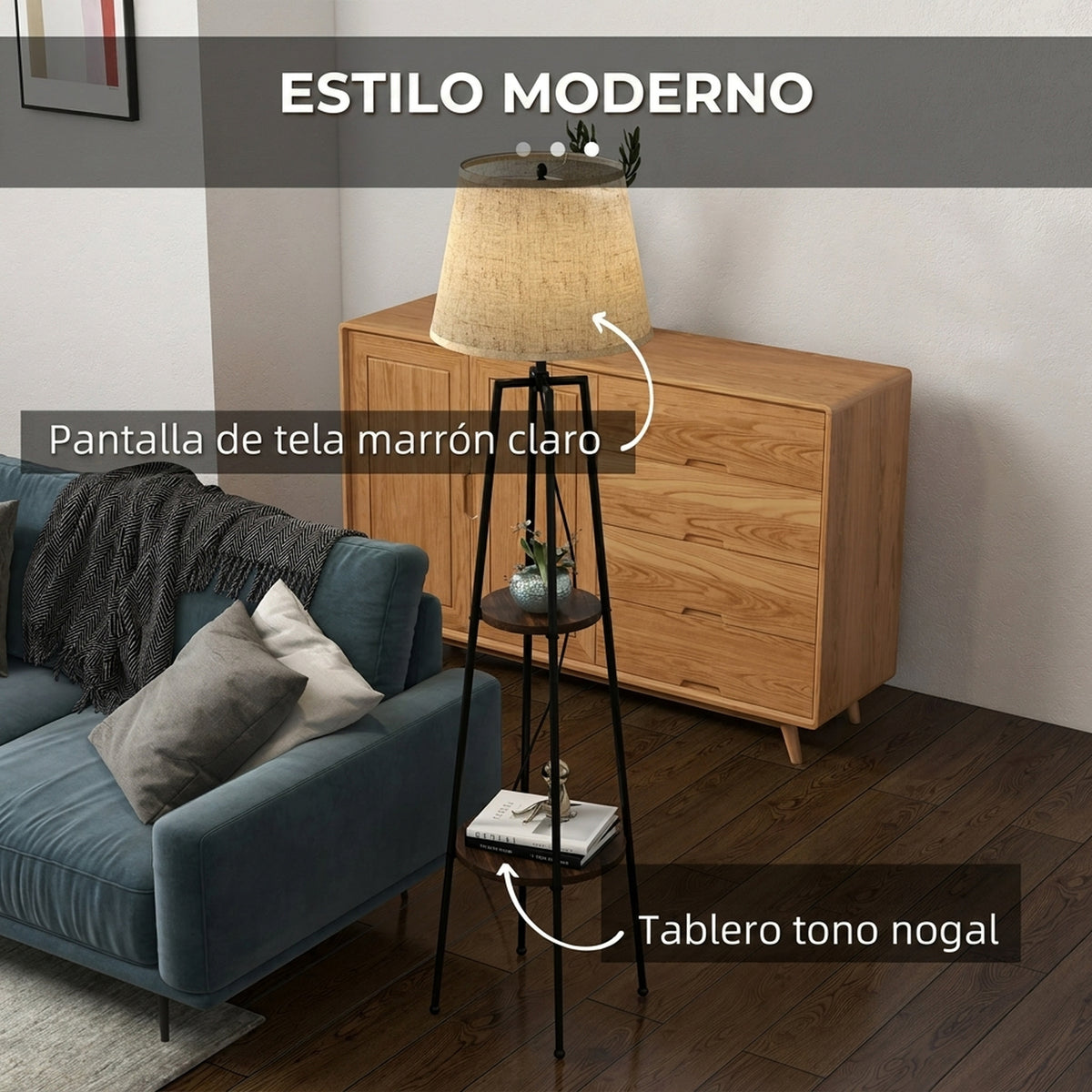 Lámpara de pie con 2 estantes y pantalla de tela, vista 4