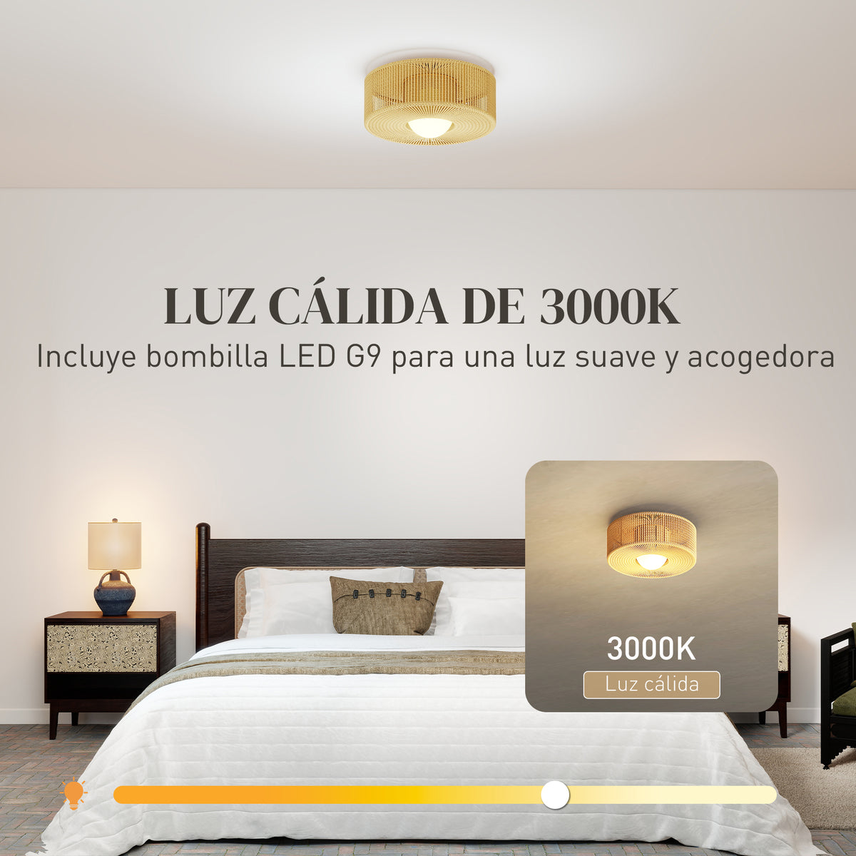 Lámpara de techo con luz cálida de 3000 K en un dormitorio