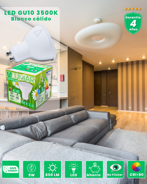 Bombilla LED GU10 9W 3500K Blanco cálido ALUMAR: 850 lúmenes, sin parpadeo y CRI>80