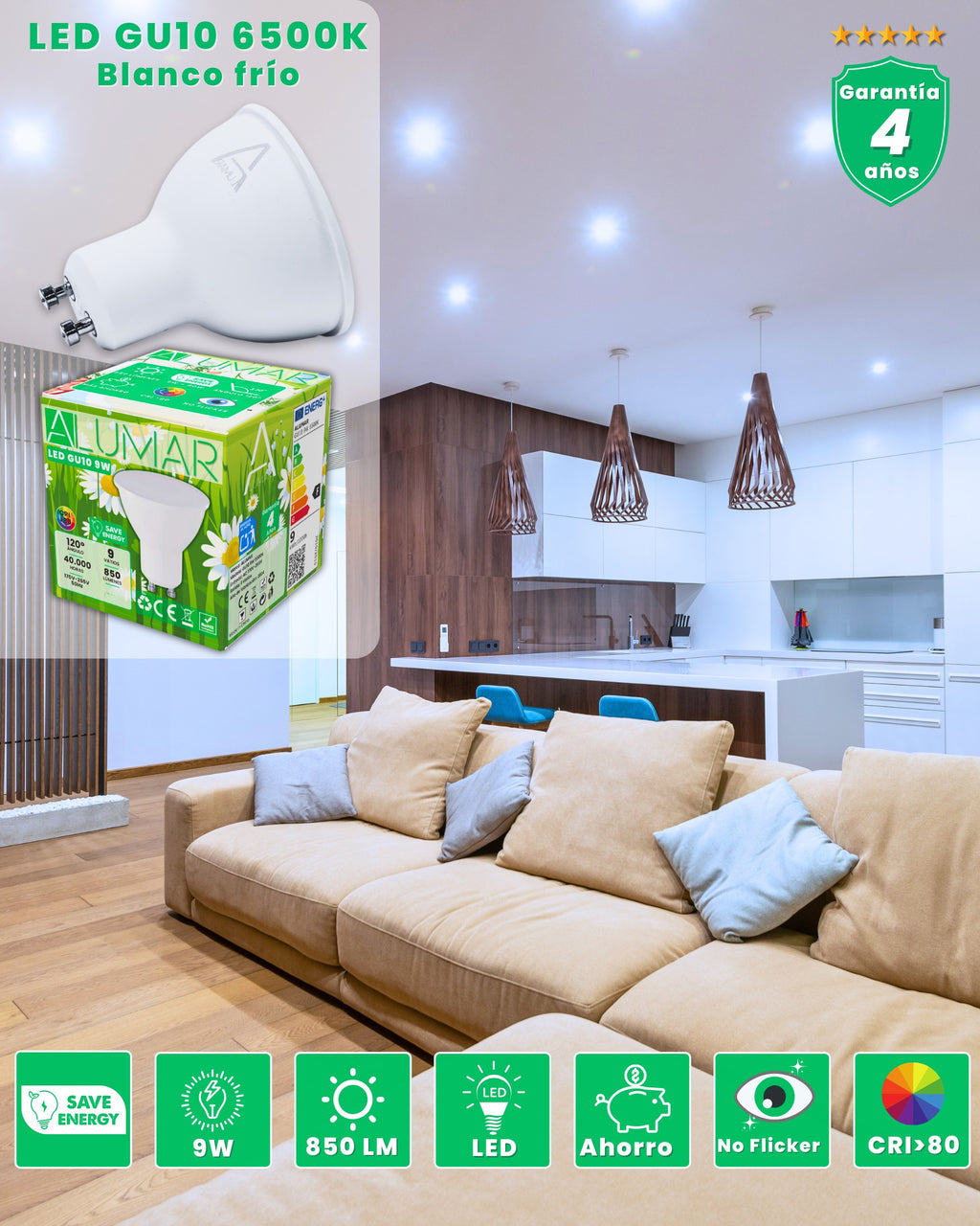 Bombilla LED GU10 9W 6500K Blanco frío ALUMAR: 850 lúmenes, sin parpadeo y CRI>80