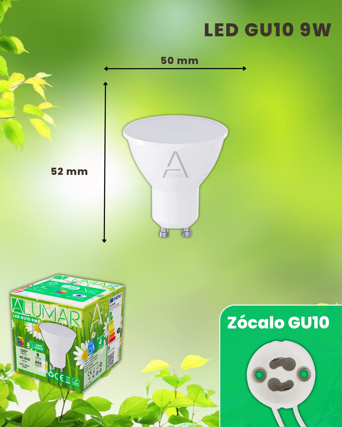 Medidas de la bombilla LED GU10 4500K ALUMAR: 52 mm de alto y 50 mm de diámetro