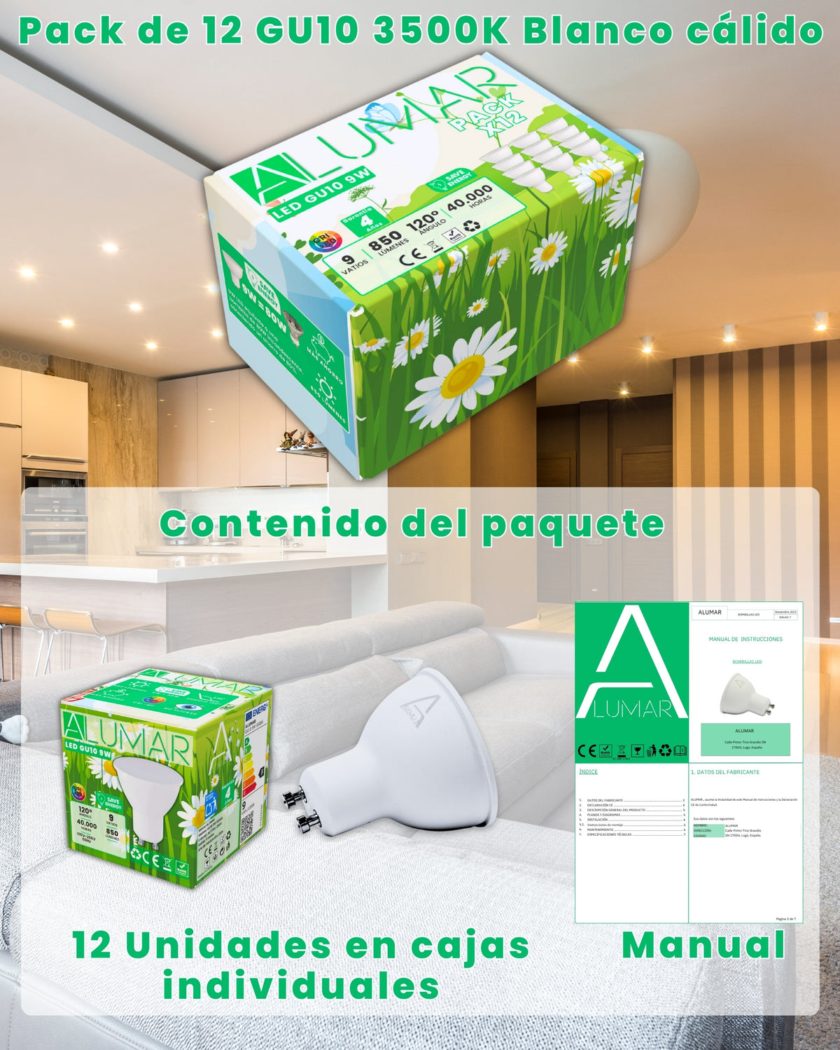 Pack de 12 bombillas LED GU10 9W 3500K Blanco cálido ALUMAR en cajas individuales con manual