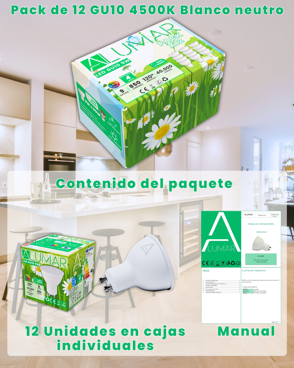 Pack de 12 bombillas LED GU10 9W 4500K Blanco neutro ALUMAR en cajas individuales con manual