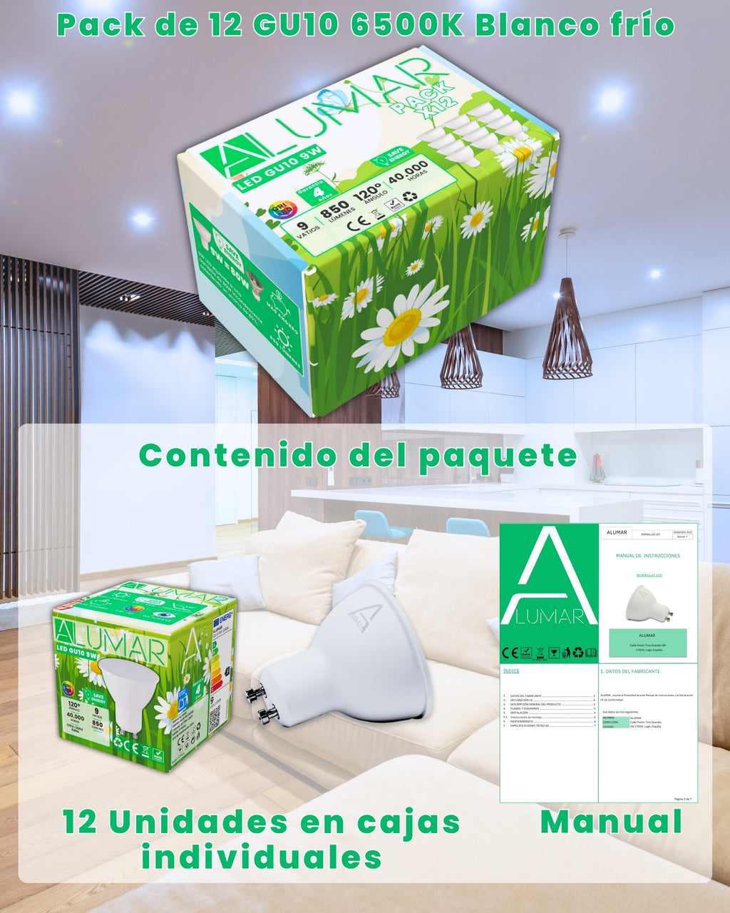 Pack de 12 bombillas LED GU10 9W 6500K Blanco frío ALUMAR en cajas individuales con manual