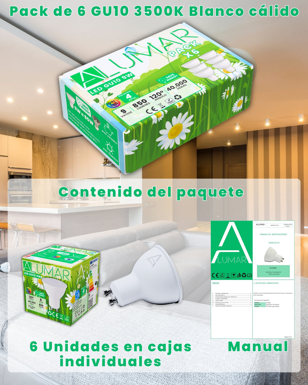 Pack de 6 bombillas LED GU10 9W 3500K Blanco cálido ALUMAR en cajas individuales con manual